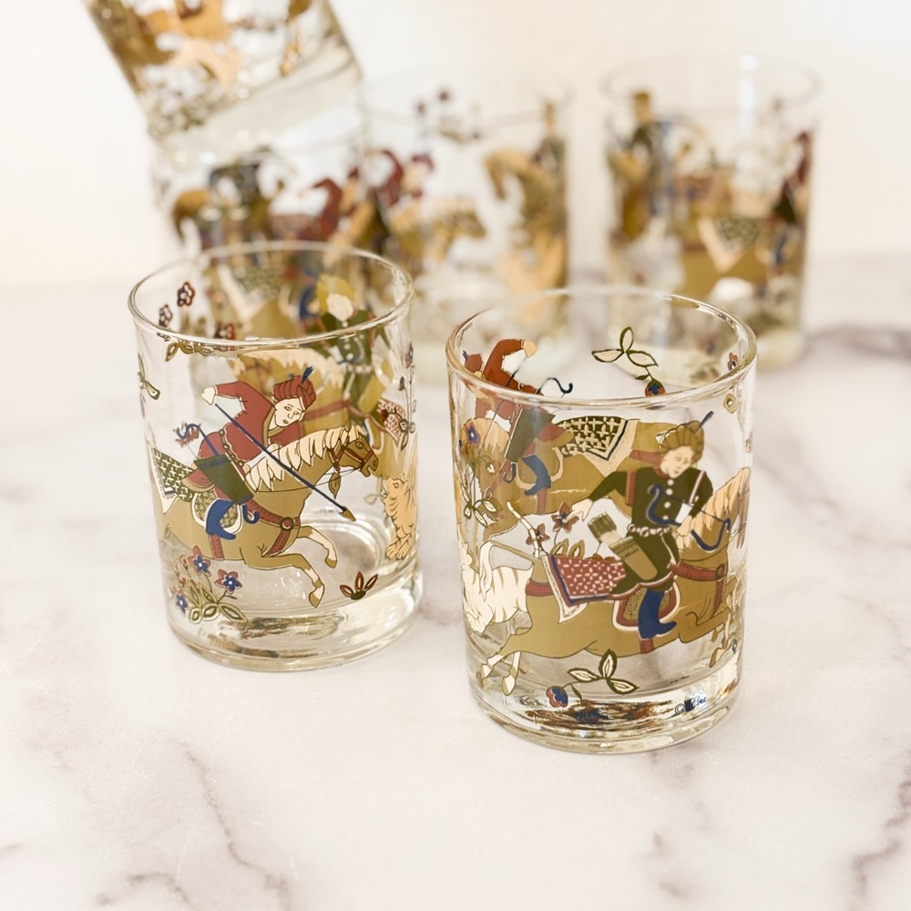 Vintage Cera Glass Hunting Scene Old Fashioned Glasses, Set of 6